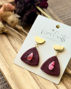 Pomegranate Triangle Dangle Earrings, pink and red inset, red faux stone texture with gold semi circle post Apis Crafts