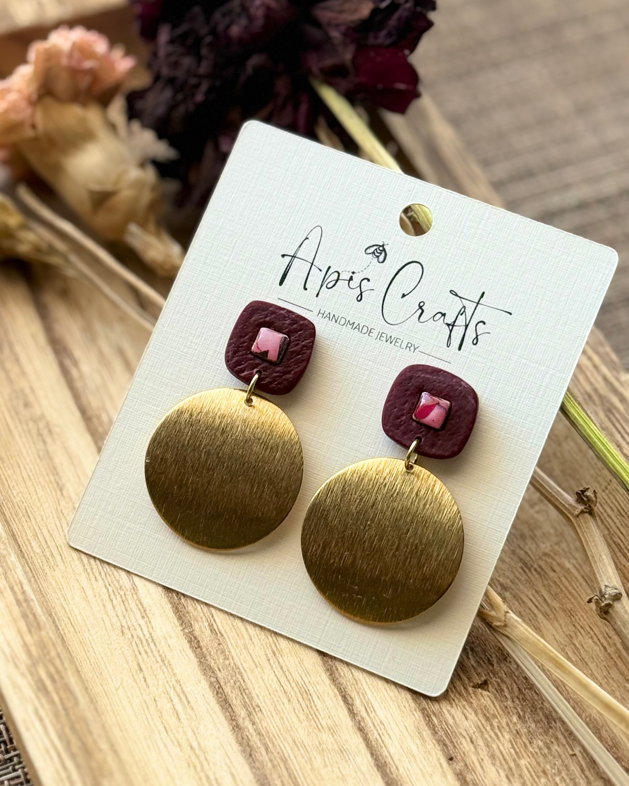 Pomegranate Medallion Dangle Earrings pink, black, red faux stone texture Apis Crafts