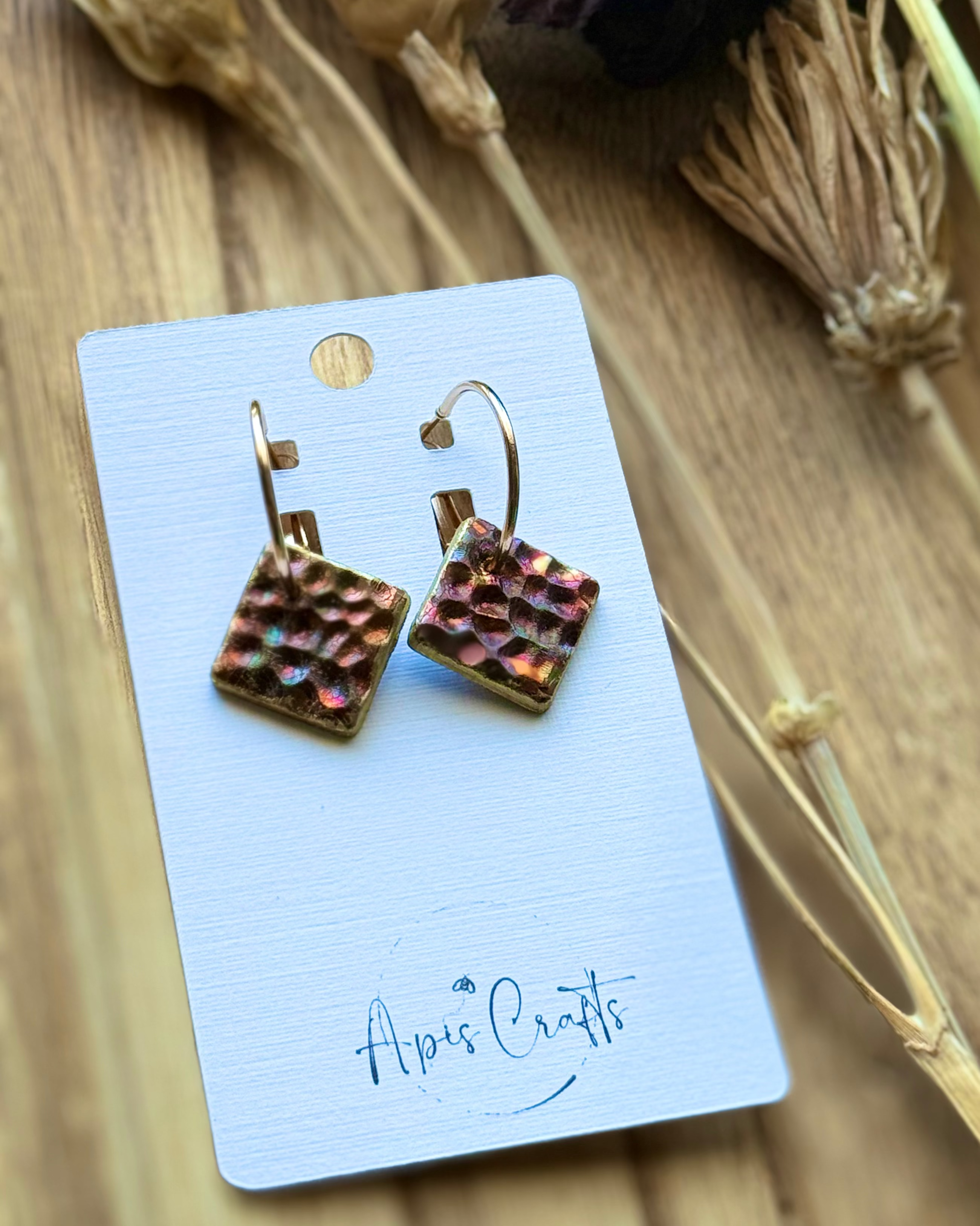 Square Dangle Earrings rose-gold, gold, bronze Apis Crafts, iridescent glitter finish on a gold hoop