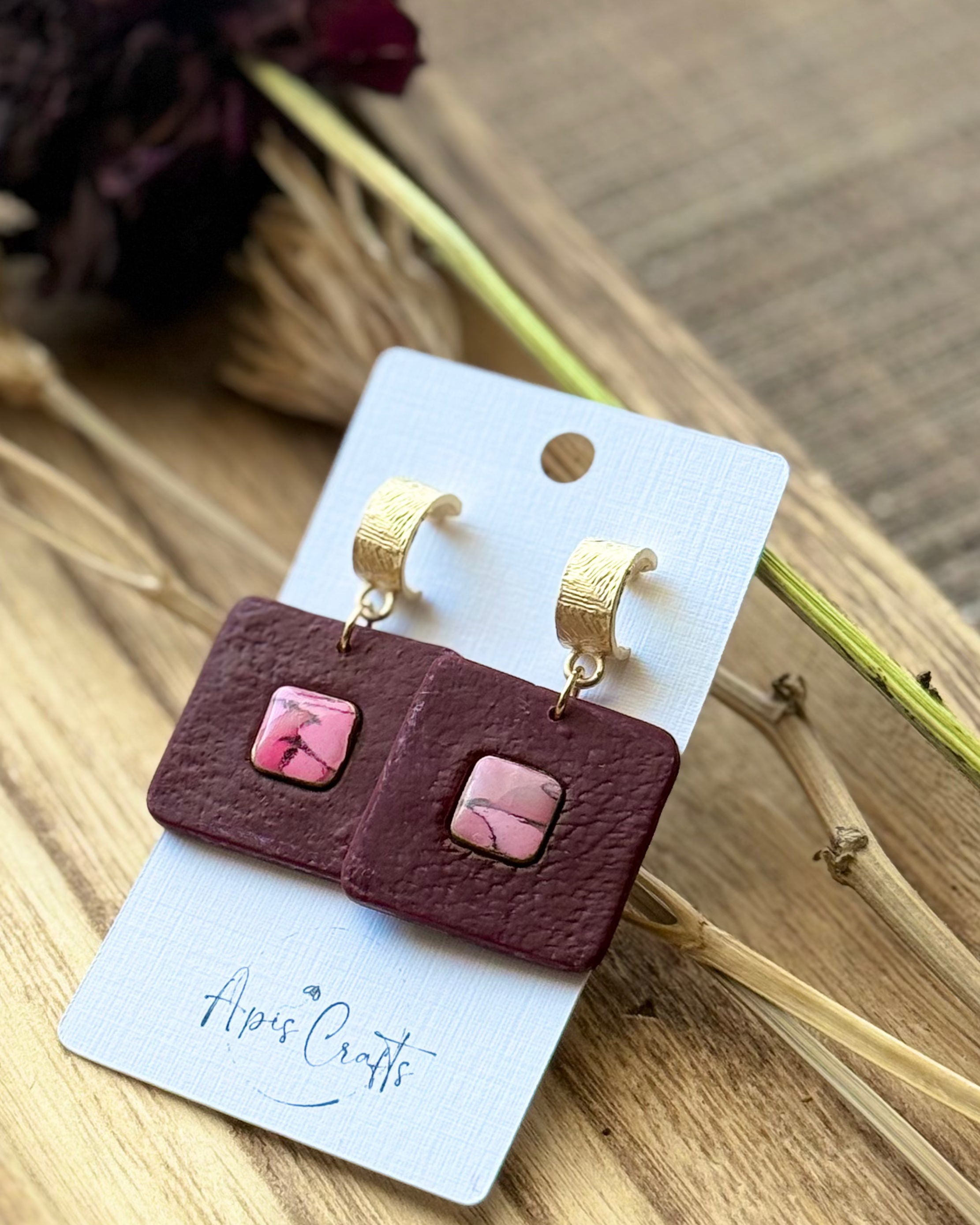 Inset Square Pomegranate Dangle Earrings red faux stone, textured gold hoop post Apis Crafts