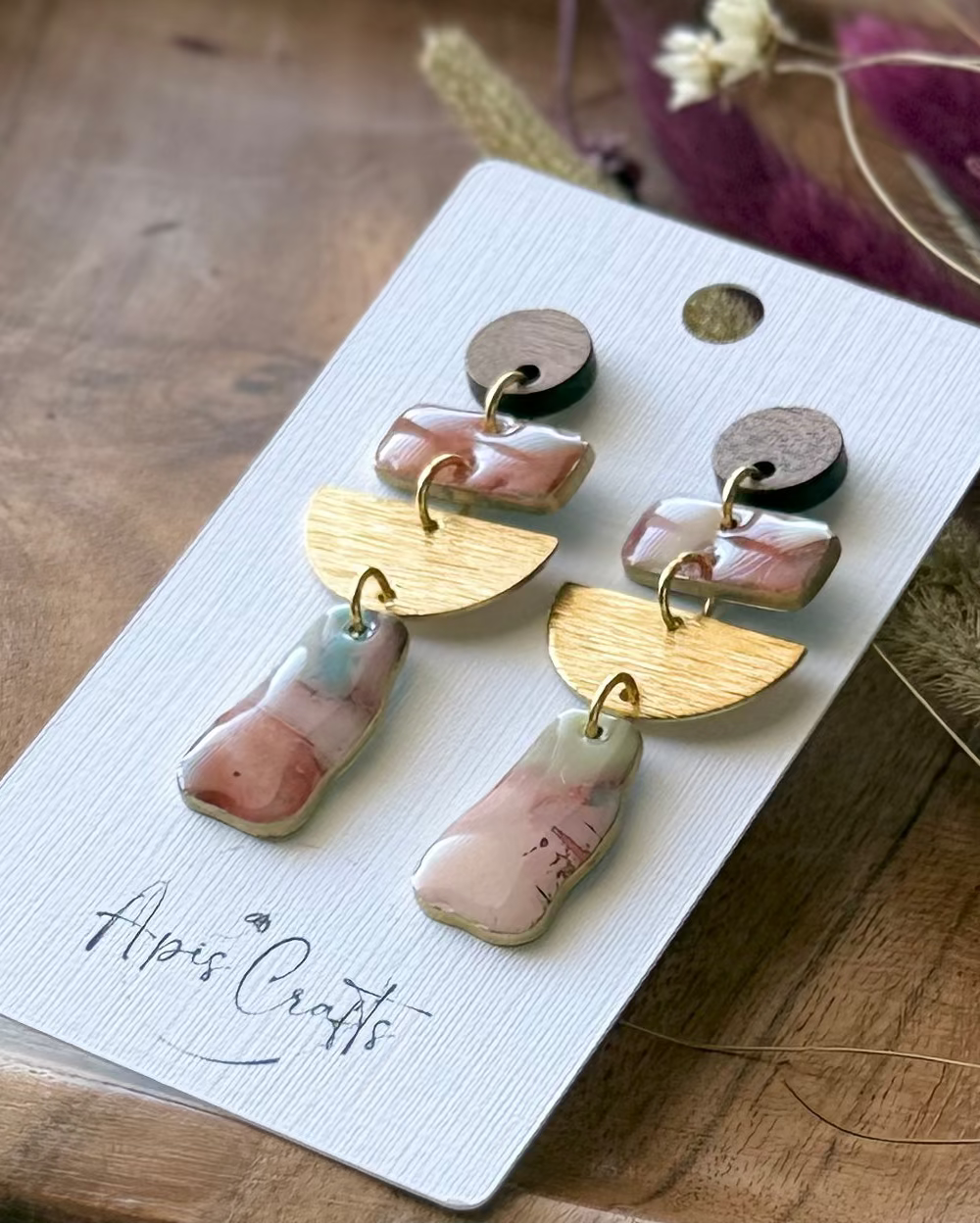 Boho geometric dangle earrings with faux stone and gold accents
