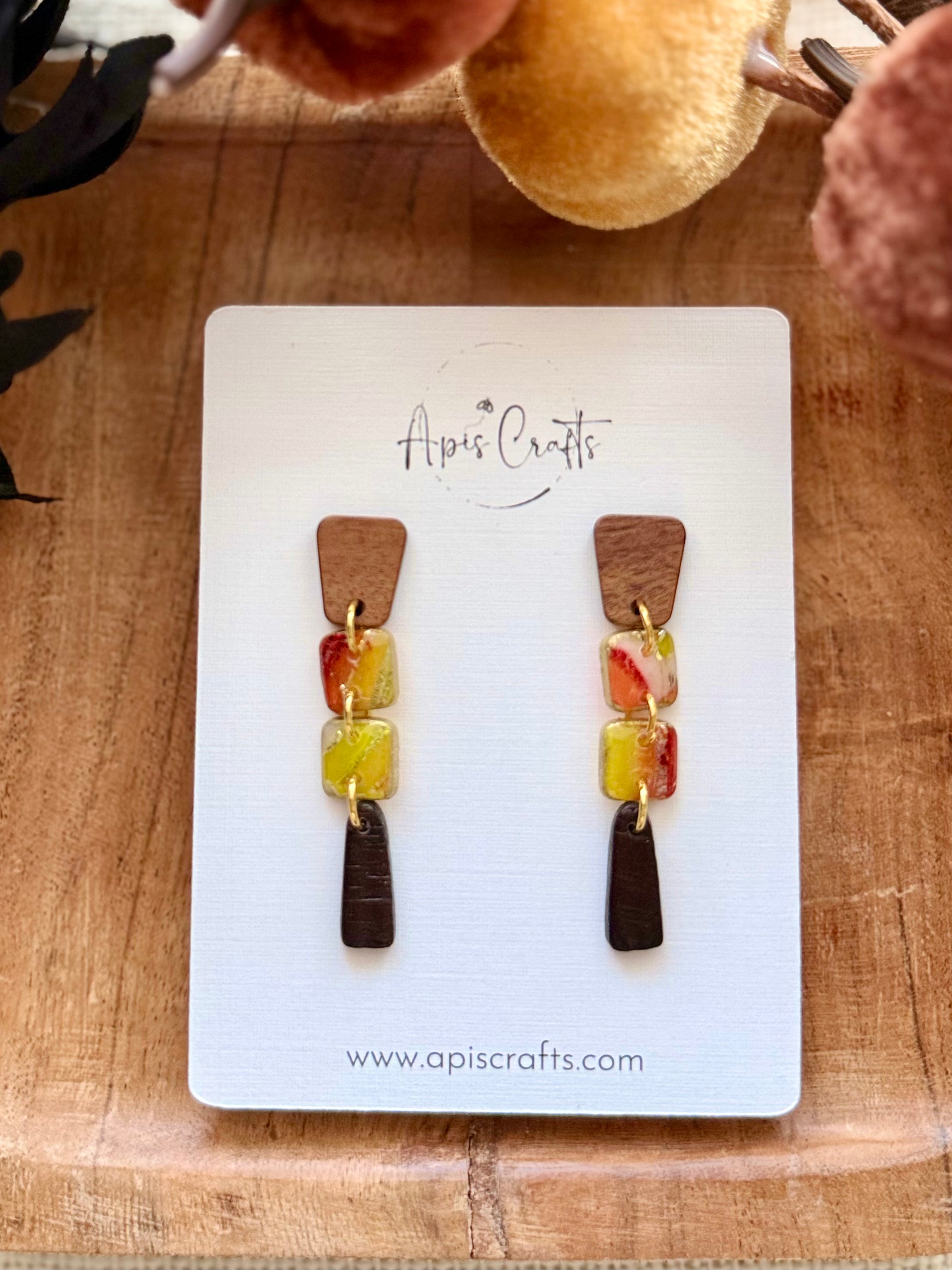 Square Wood Dangle Earrings - Maize