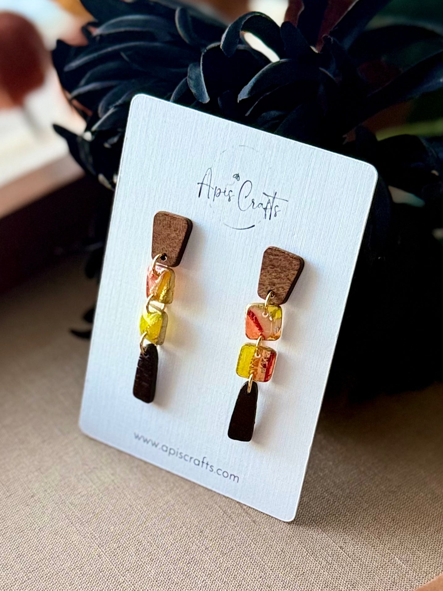 Square Wood Dangle Earrings - Maize