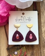Pomegranate Triangle Dangle Earrings, pink and red inset, red faux stone texture with gold semi circle post Apis Crafts