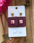 Inset Square Pomegranate Dangle Earrings red faux stone, textured gold hoop post Apis Crafts