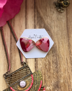 Large faux stone triangle stud earrings in pink and red