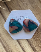 Large faux stone triangle stud earrings in turquoise and pink
