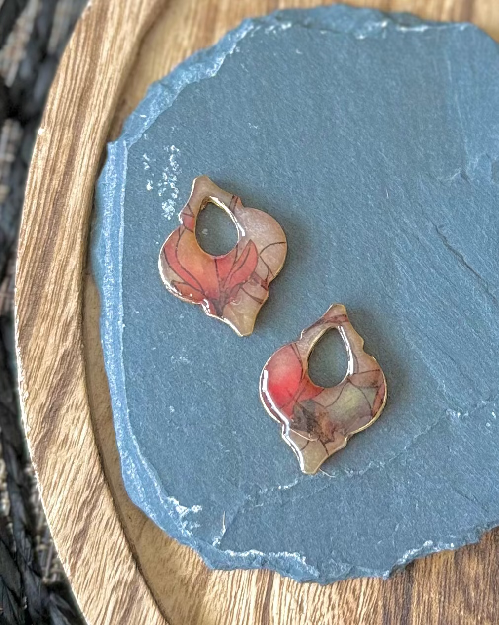 Moroccan style charm earrings with teardrop keyhole and stained glass design.